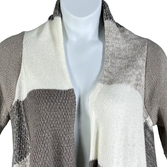 Chicos Womens M Patchwork Open Front Asym Cardigan Sweater Neutral Color Block - Picture 6 of 14